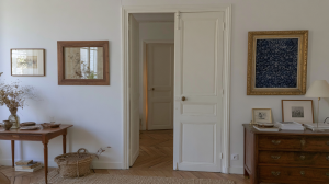 Bright French country living room featuring white paneled double doors, vintage wooden furniture, and neutral walls.