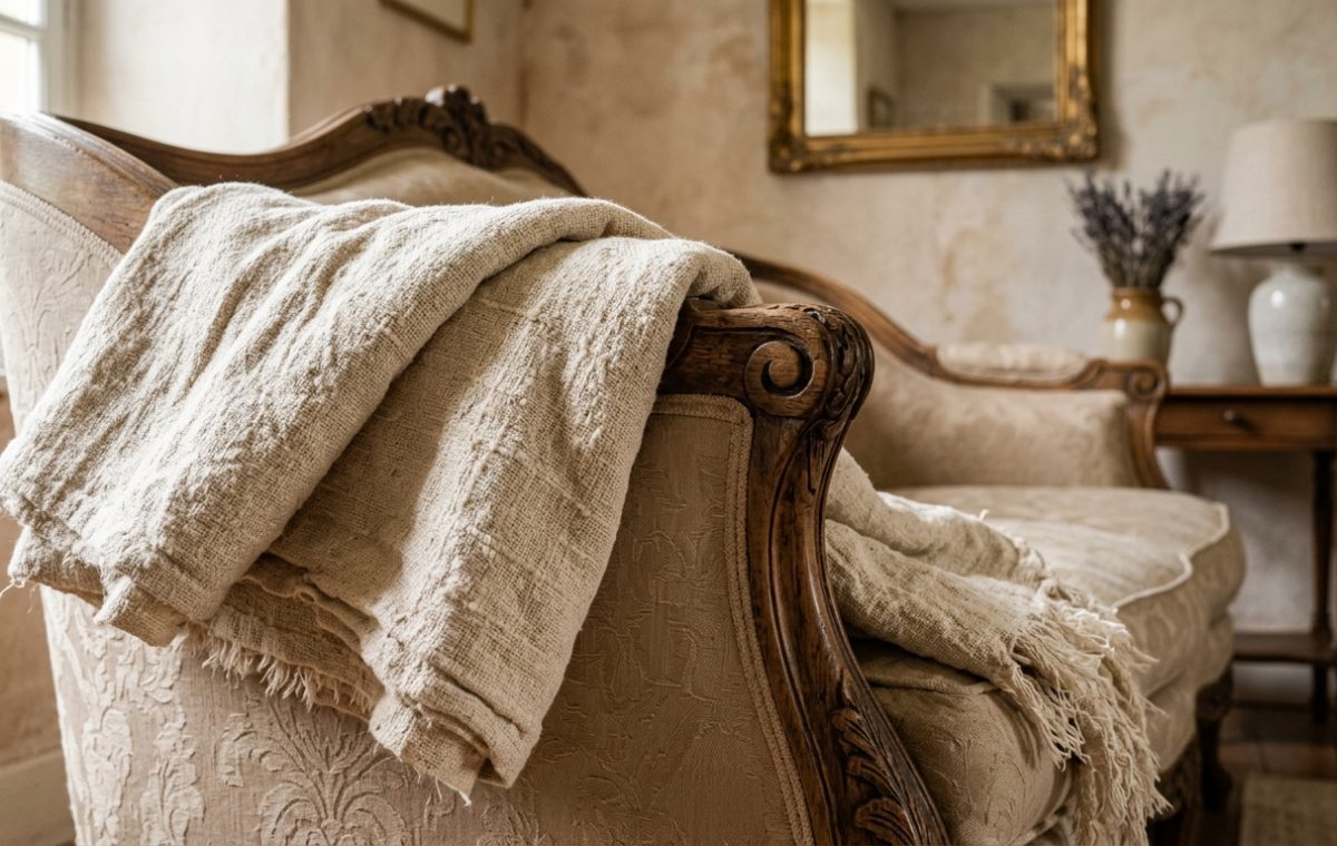 French Country living room decor featuring an antique sofa with a neutral linen throw blanket and rustic wooden accents.