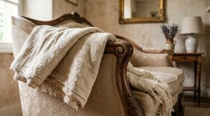 French Country living room decor featuring an antique sofa with a neutral linen throw blanket and rustic wooden accents.