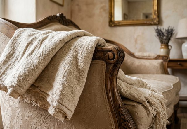 French Country living room decor featuring an antique sofa with a neutral linen throw blanket and rustic wooden accents.