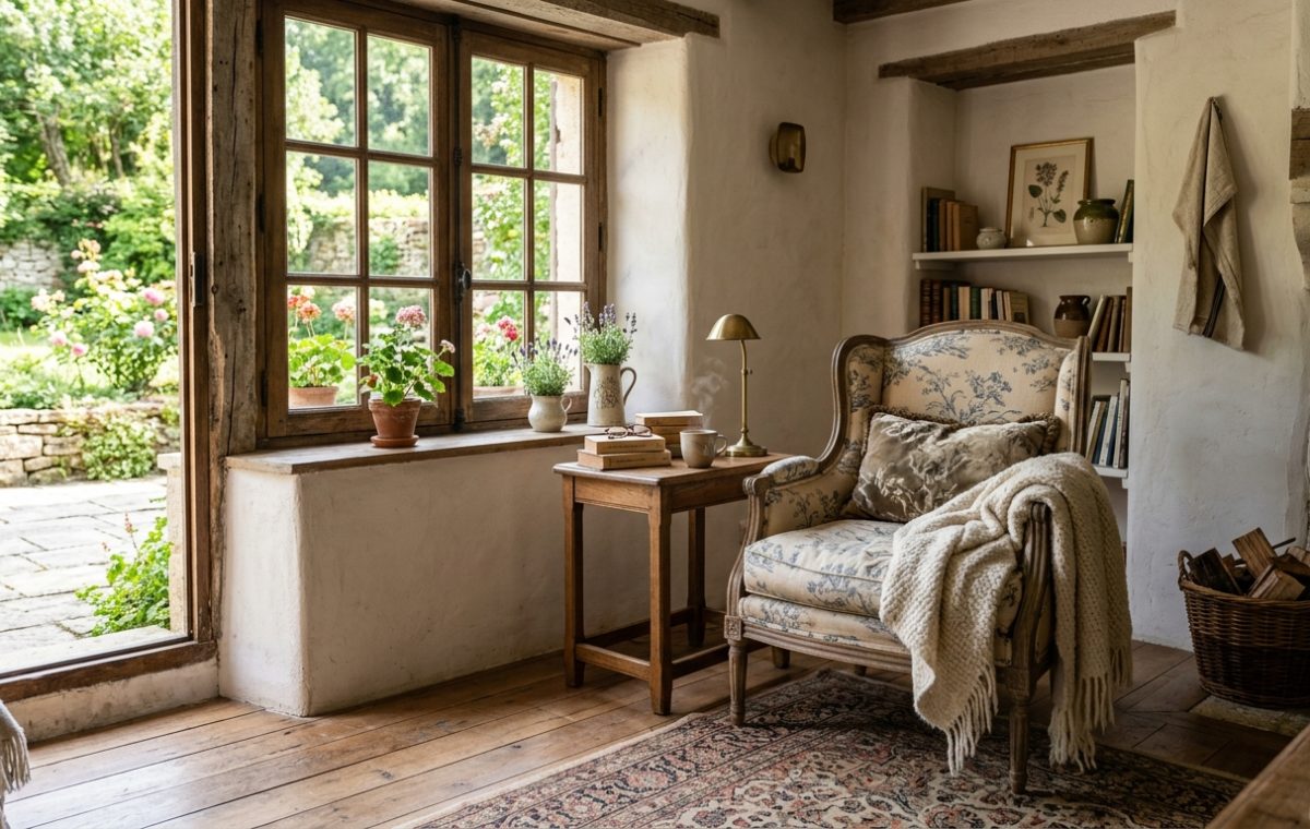 Cozy French Country living room featuring vintage floral armchair and rustic wooden windows overlooking a garden