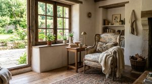 Cozy French Country living room featuring vintage floral armchair and rustic wooden windows overlooking a garden