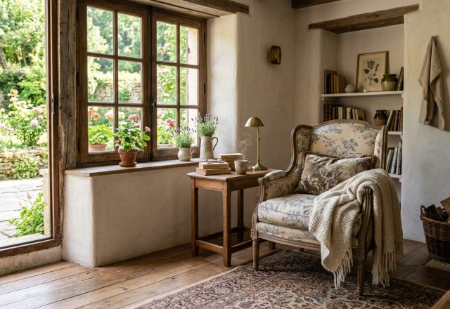 Cozy French Country living room featuring vintage floral armchair and rustic wooden windows overlooking a garden