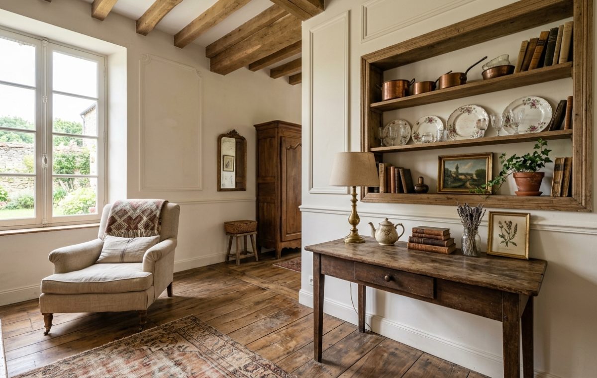 Bright French Country living room featuring rustic wood beams, a neutral armchair, and vintage wooden console table.