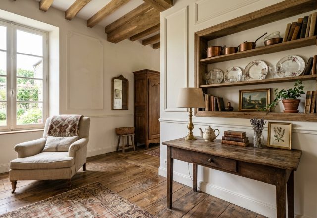Bright French Country living room featuring rustic wood beams, a neutral armchair, and vintage wooden console table.