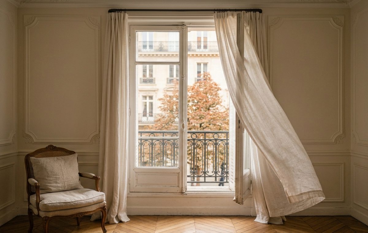 Bright French country living room featuring chevron hardwood floors, linen curtains blowing in the wind, and vintage armchair.