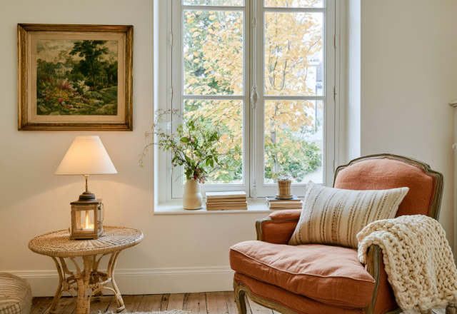 Cozy French Country living room with a rust armchair, vintage landscape painting, and wicker side table.