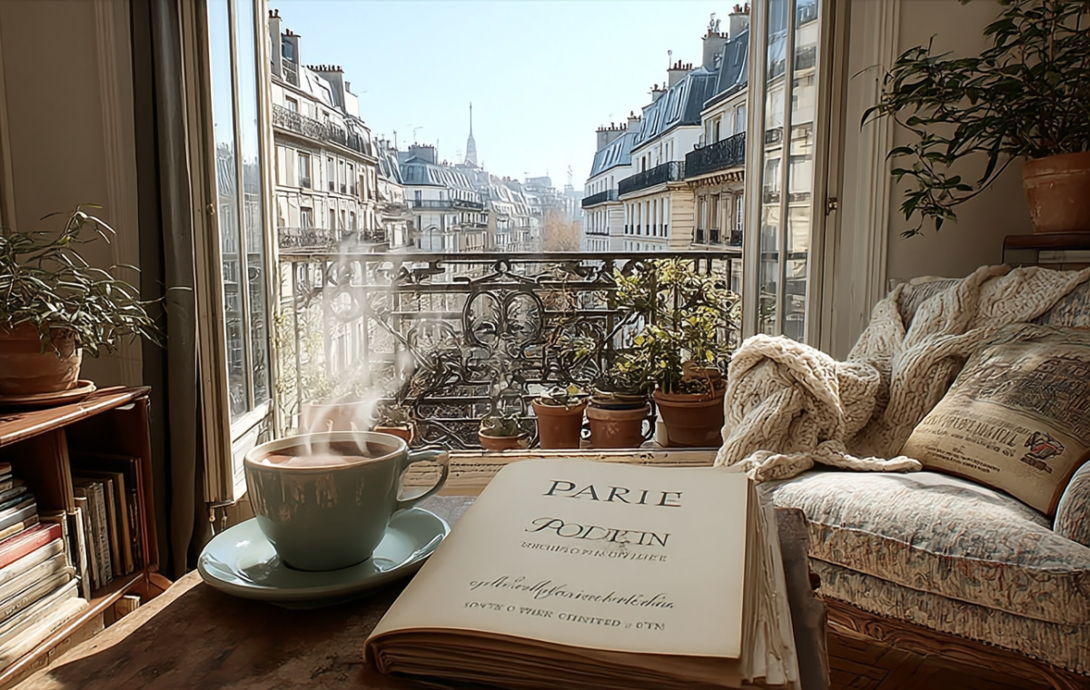 French Country living room with steaming coffee, open book, and Parisian balcony view