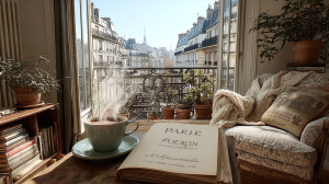 French Country living room with steaming coffee, open book, and Parisian balcony view