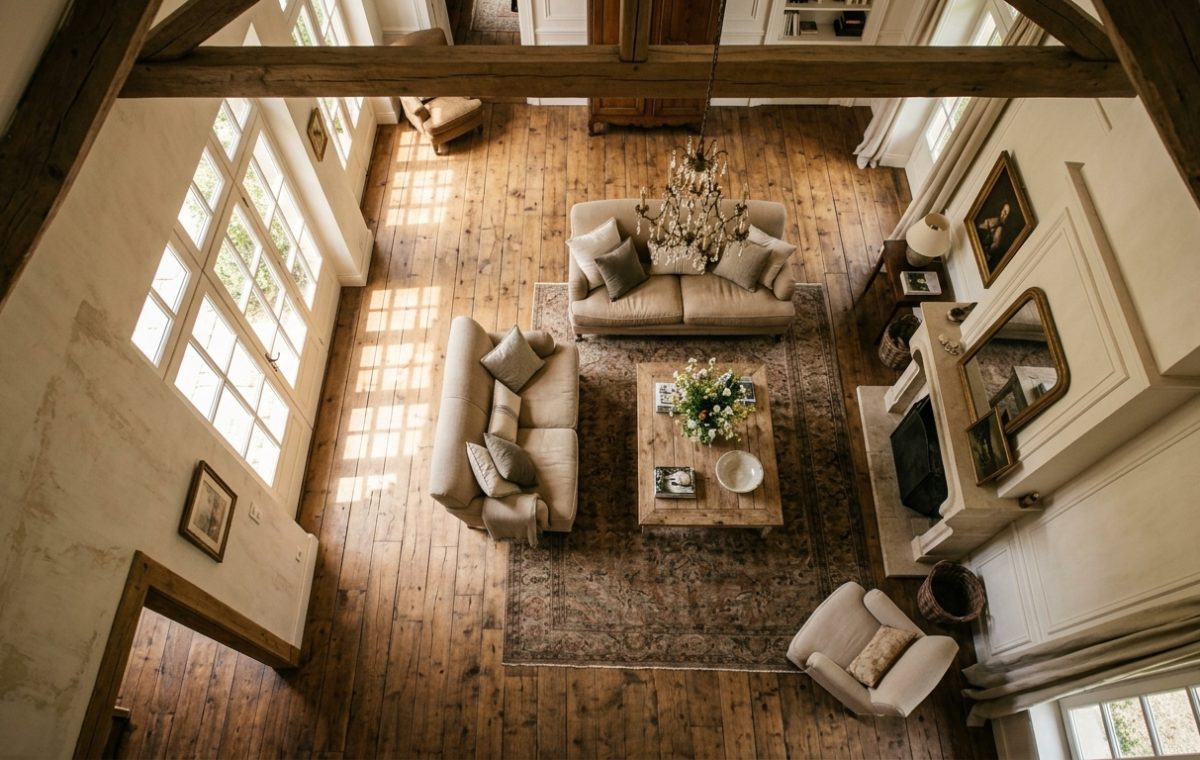 High angle view of a French Country living room featuring exposed wooden beams, neutral sofas, and rustic wood floors.