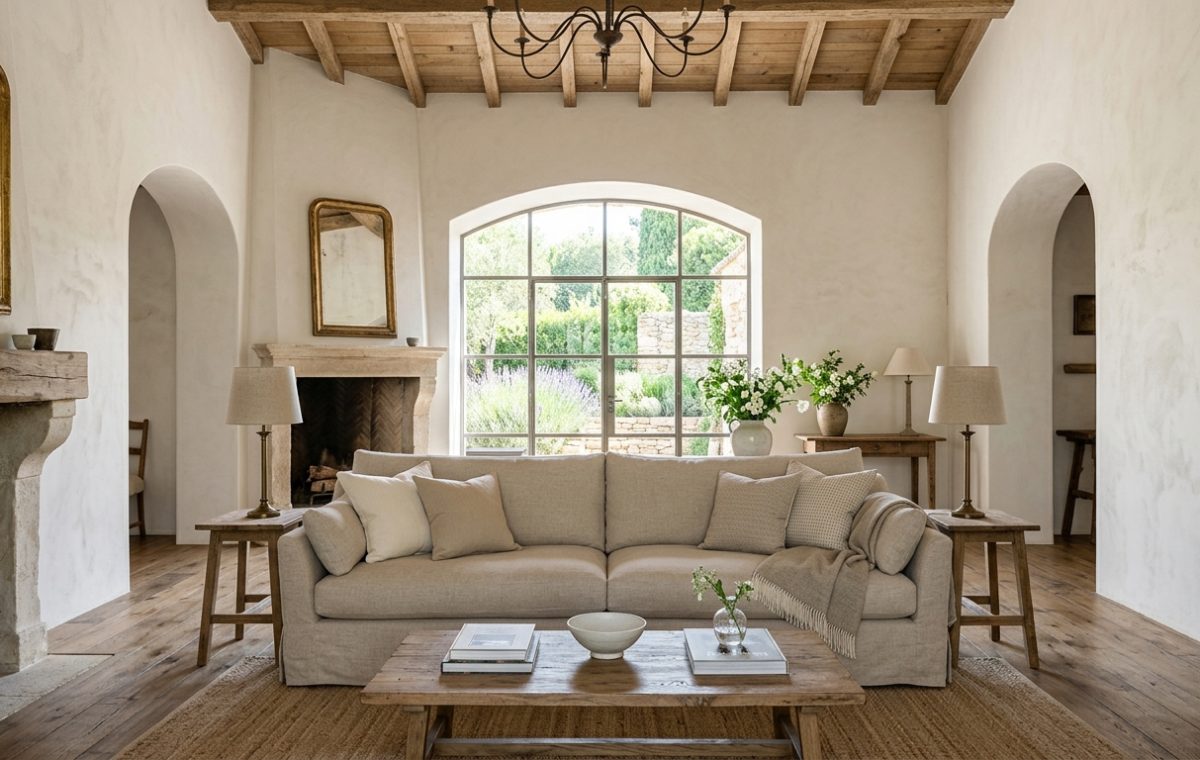 Bright French Country living room featuring exposed wood beams, a stone fireplace, arched windows, and neutral linen sofa.