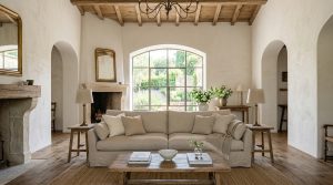 Bright French Country living room featuring exposed wood beams, a stone fireplace, arched windows, and neutral linen sofa.