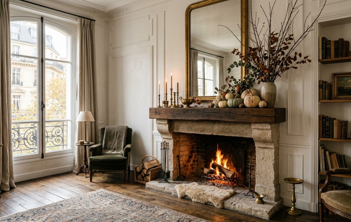 French country living room featuring a rustic stone fireplace mantel styled with brass candlesticks and autumn branches.