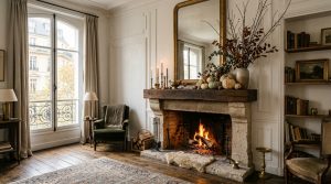French country living room featuring a rustic stone fireplace mantel styled with brass candlesticks and autumn branches.