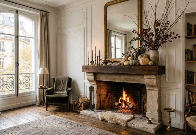 French country living room featuring a rustic stone fireplace mantel styled with brass candlesticks and autumn branches.
