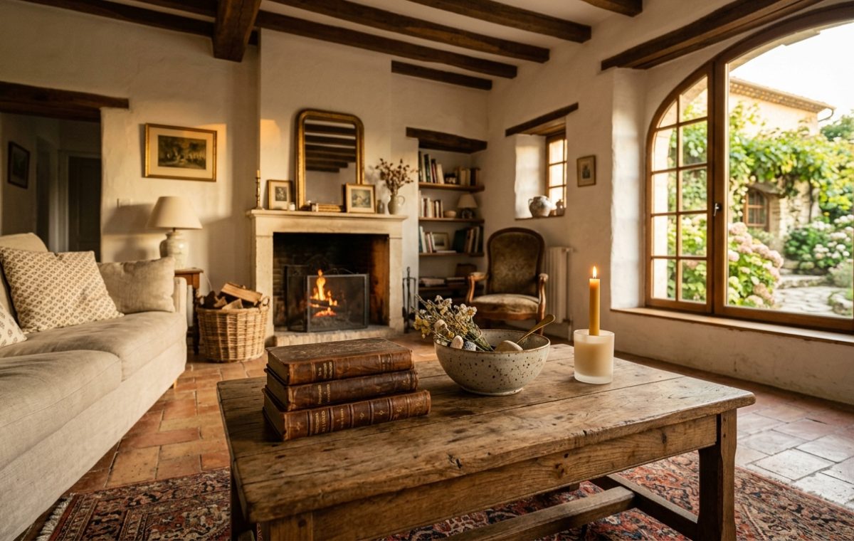 Cozy French country living room featuring exposed wood beams, a stone fireplace, and rustic terracotta floor tiles.