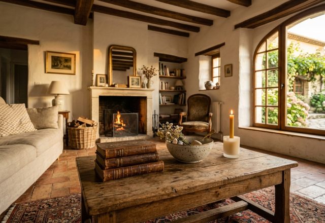 Cozy French country living room featuring exposed wood beams, a stone fireplace, and rustic terracotta floor tiles.