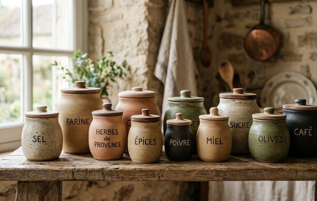 A rustic wooden table displaying a collection of labeled French country pantry canisters and ceramic storage jars.