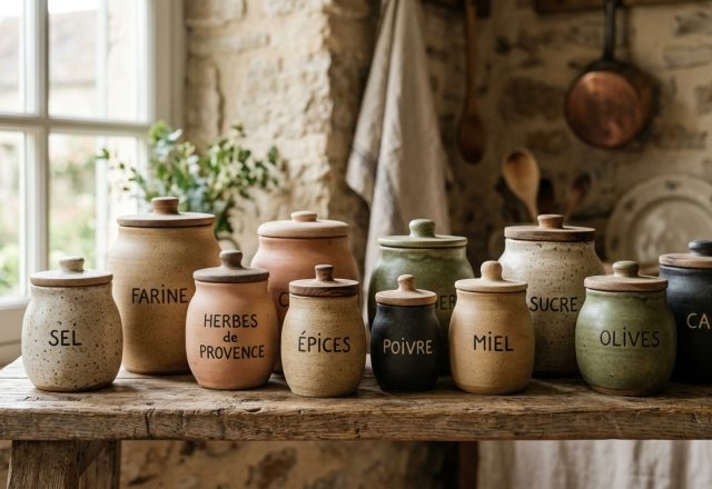 A rustic wooden table displaying a collection of labeled French country pantry canisters and ceramic storage jars.