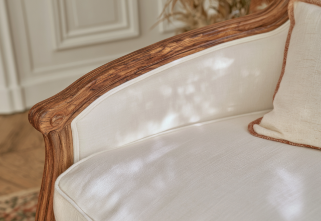 Close-up of a French country settee with carved wooden arm and cream linen upholstery.
