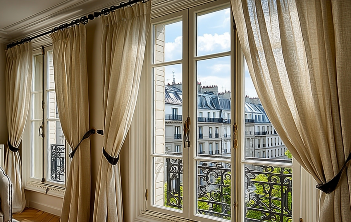 Tall French country window treatments with neutral linen curtains and black wrought iron hardware in an elegant living room