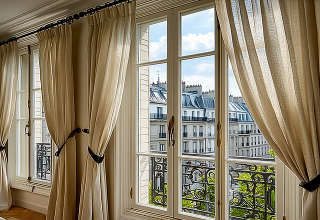 Tall French country window treatments with neutral linen curtains and black wrought iron hardware in an elegant living room