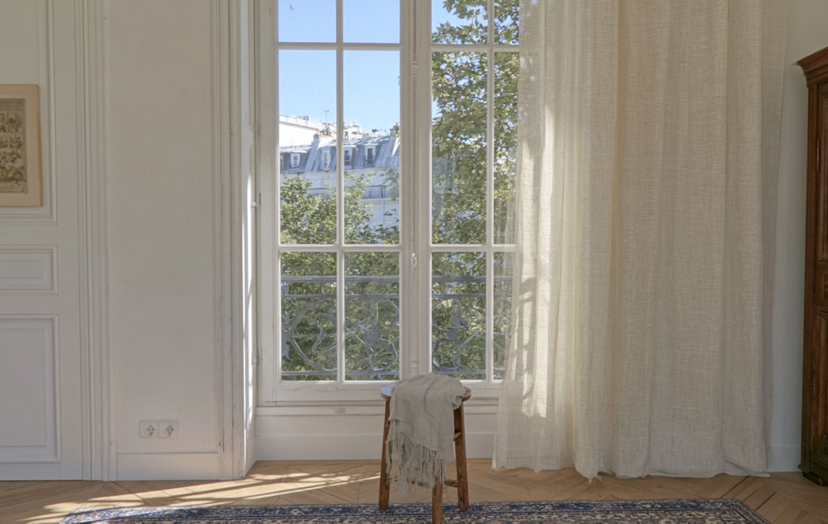 French country window treatments featuring sheer linen curtains framing a tall apartment window