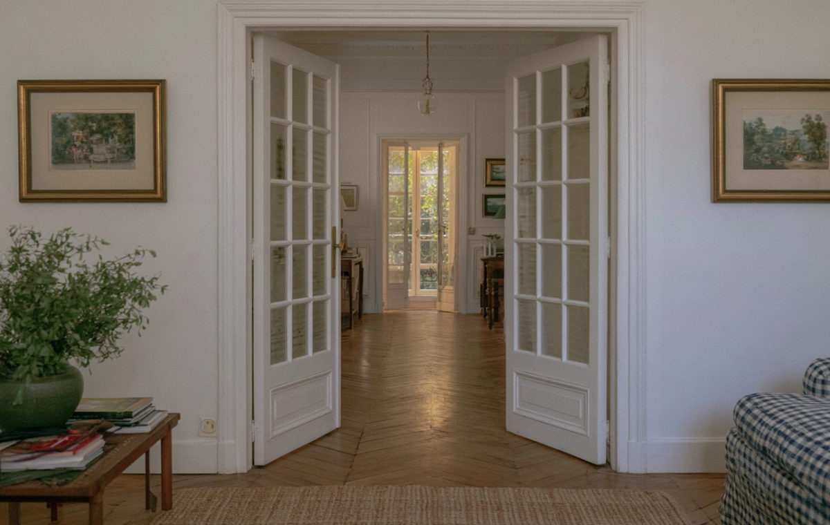 Classic white French doors open to reveal a sunlit interior passageway with herringbone wood floors.