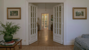 Classic white French doors open to reveal a sunlit interior passageway with herringbone wood floors.