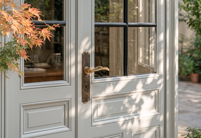 French doors interior design featuring pale grey wooden panels and antique brass hardware