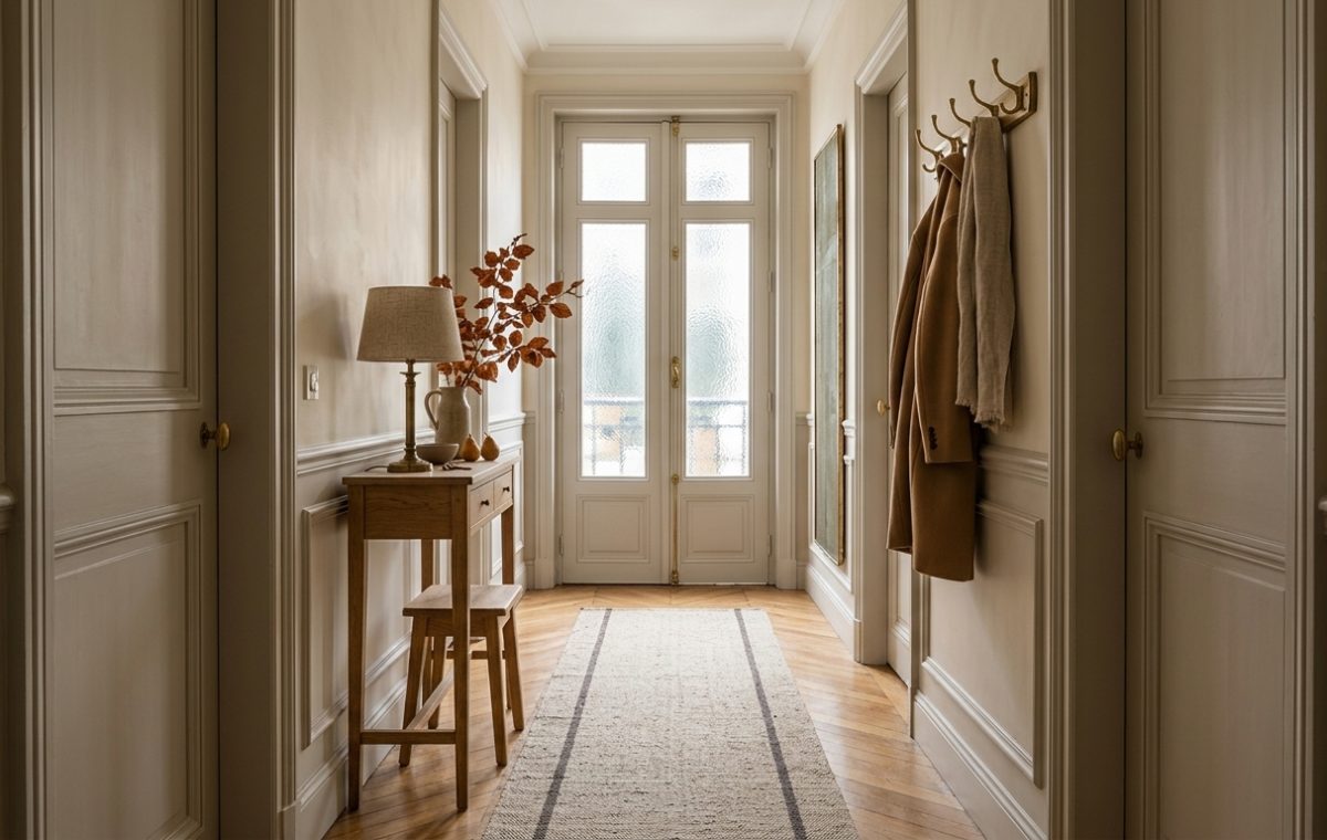 A sophisticated hallway featuring French entryway decor with wainscoting and herringbone floors.