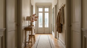 A sophisticated hallway featuring French entryway decor with wainscoting and herringbone floors.