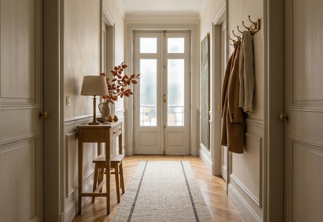 A sophisticated hallway featuring French entryway decor with wainscoting and herringbone floors.