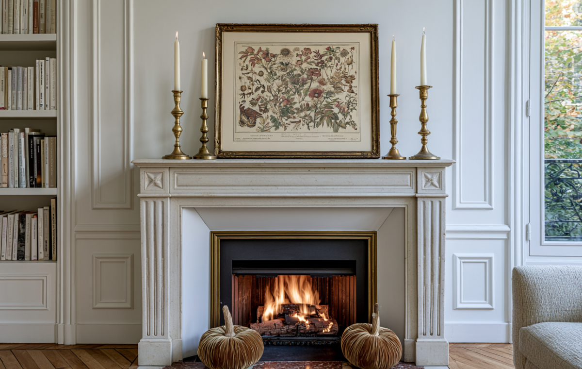 French fireplace mantel decor featuring brass candlesticks and botanical art in a living room.