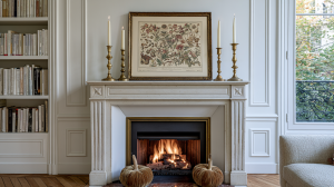 French fireplace mantel decor featuring brass candlesticks and botanical art in a living room.