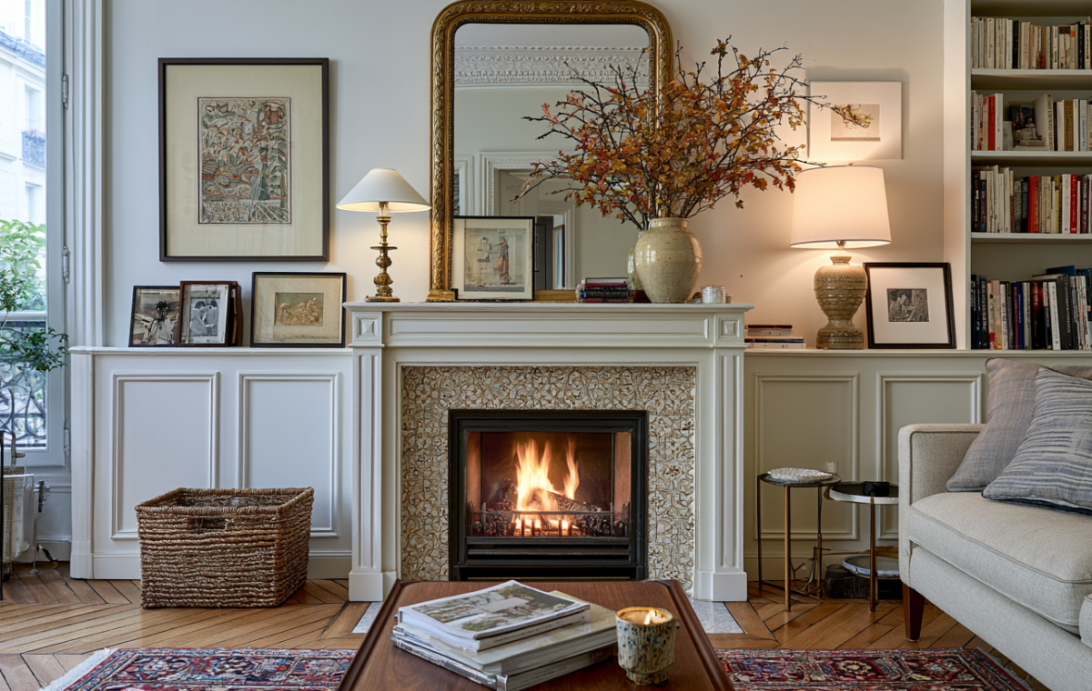 French fireplace mantel styling featuring an arched gold mirror, framed art, and built-in bookshelves.