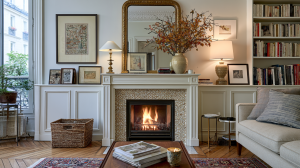 French fireplace mantel styling featuring an arched gold mirror, framed art, and built-in bookshelves.