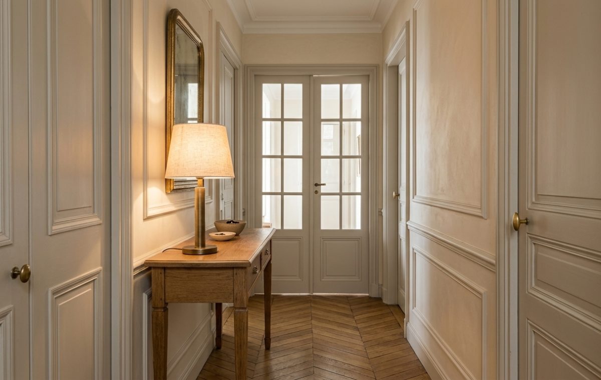 French hallway molding and wainscoting paired with a wooden console table and herringbone floor.