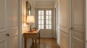 French hallway molding and wainscoting paired with a wooden console table and herringbone floor.