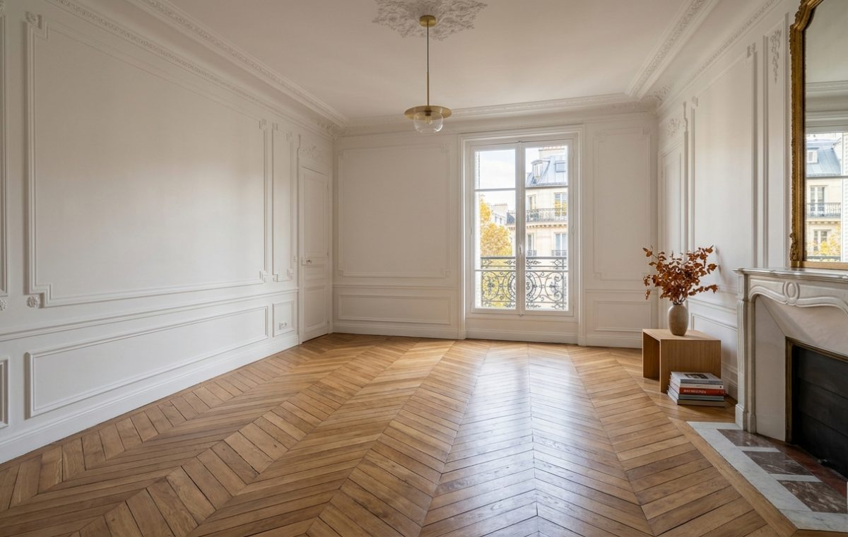 Bright empty room featuring French herringbone hardwood floors and classic wall moldings.