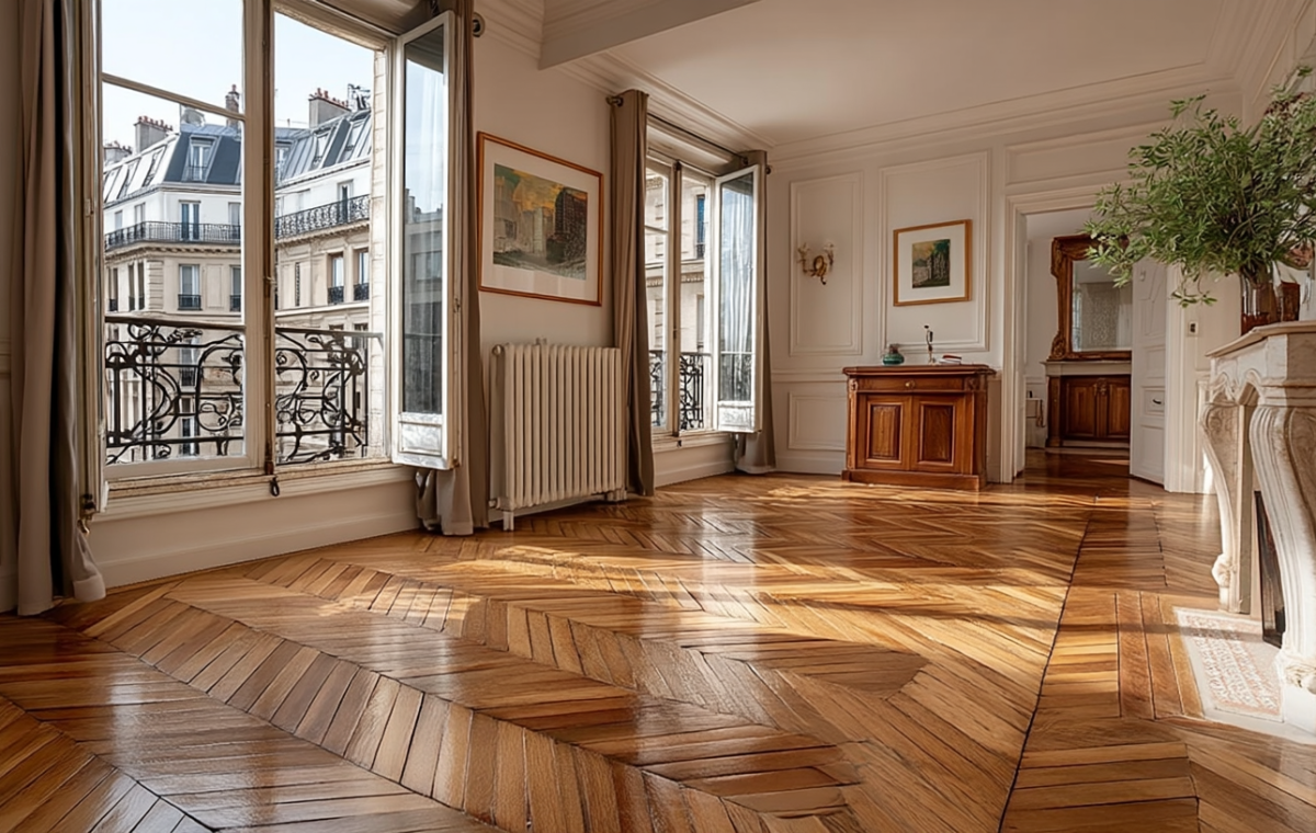 Sunlit room featuring classic French herringbone hardwood floors and tall casement windows.