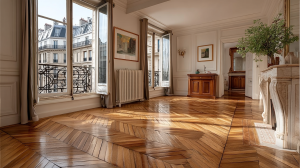Sunlit room featuring classic French herringbone hardwood floors and tall casement windows.