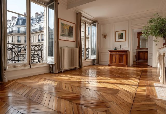Sunlit room featuring classic French herringbone hardwood floors and tall casement windows.