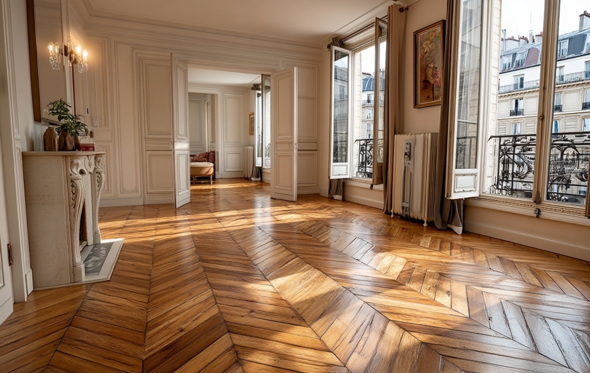 Bright historic living room featuring polished French herringbone hardwood floors and tall windows.