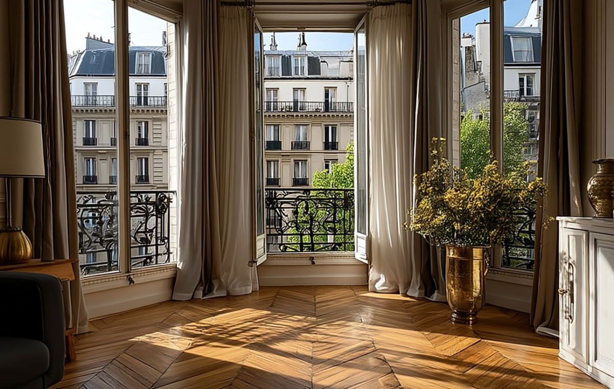 Sunny living room featuring French herringbone wood flooring and tall windows overlooking a historic street.