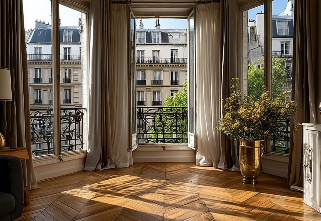 Sunny living room featuring French herringbone wood flooring and tall windows overlooking a historic street.