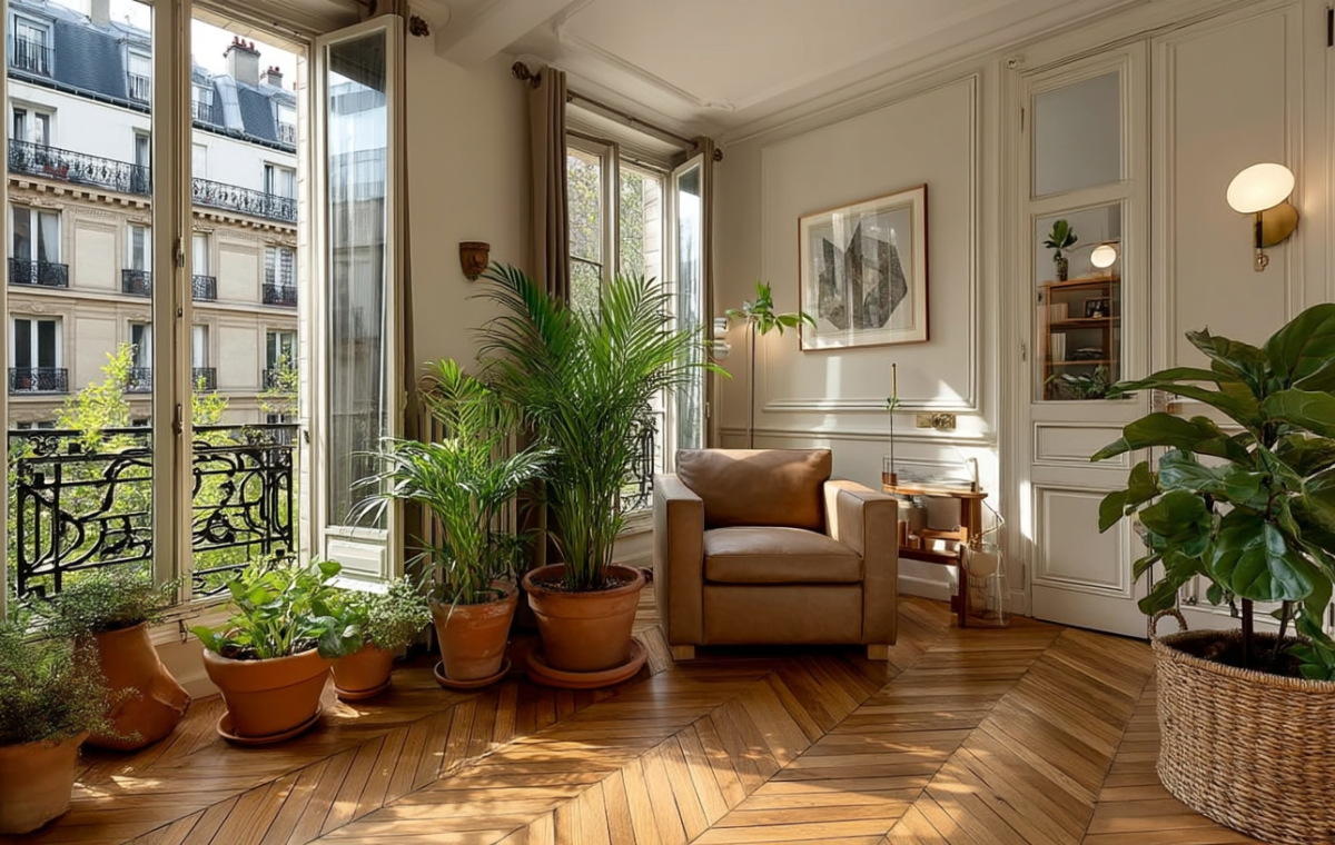 French herringbone wood flooring in a bright living room with potted plants and classic moldings