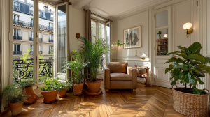French herringbone wood flooring in a bright living room with potted plants and classic moldings