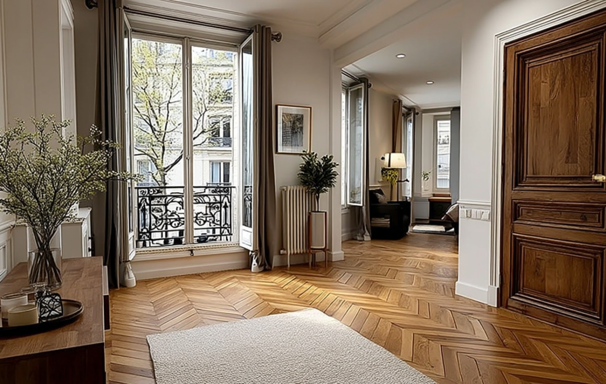 Bright hallway featuring French herringbone wood flooring and a classic wooden door.