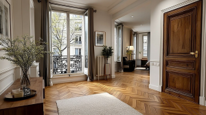 Bright hallway featuring French herringbone wood flooring and a classic wooden door.